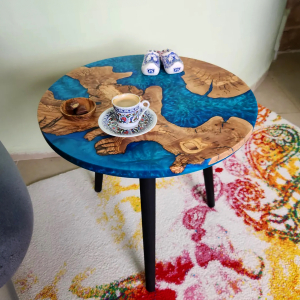 Olive Wood and Resin Coffee Table Sea Blue