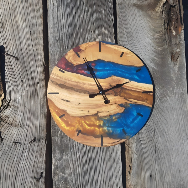 Olive Wood/Resin Wall Clock Blue,Red,Gold