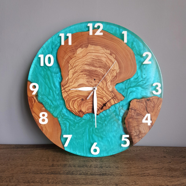 Resin & Olive Wood Wall Clock-Cyan