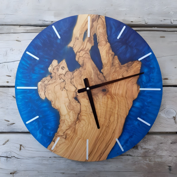 Olive Wood/Resin Wall Clock Blue