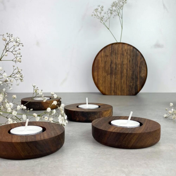 Four wooden exotic tealight candle holders