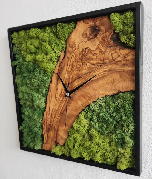 Olive Wood and Moss Wall Clock Square