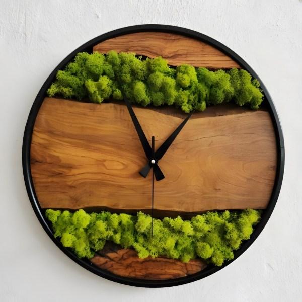 Olive Wood and Moss Wall Clock 1