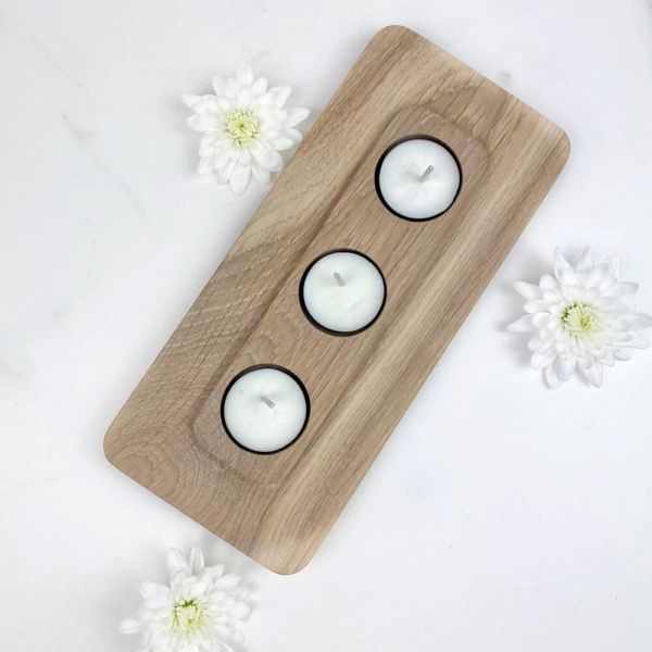 Oak bleached wooden triple candle holder