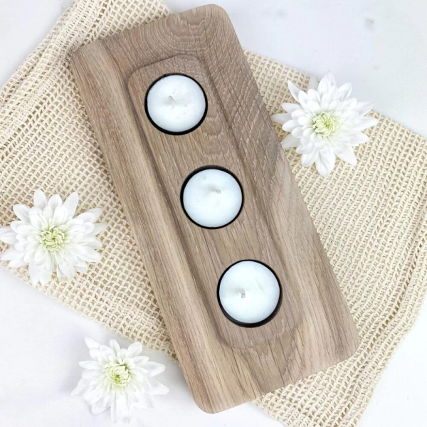 Oak bleached wooden triple candle holder