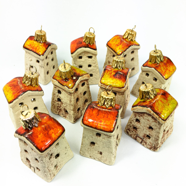 Orange red roof houses Christmas tree hangers