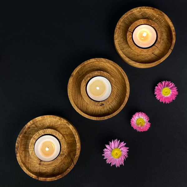 Three wooden tealight candle holders