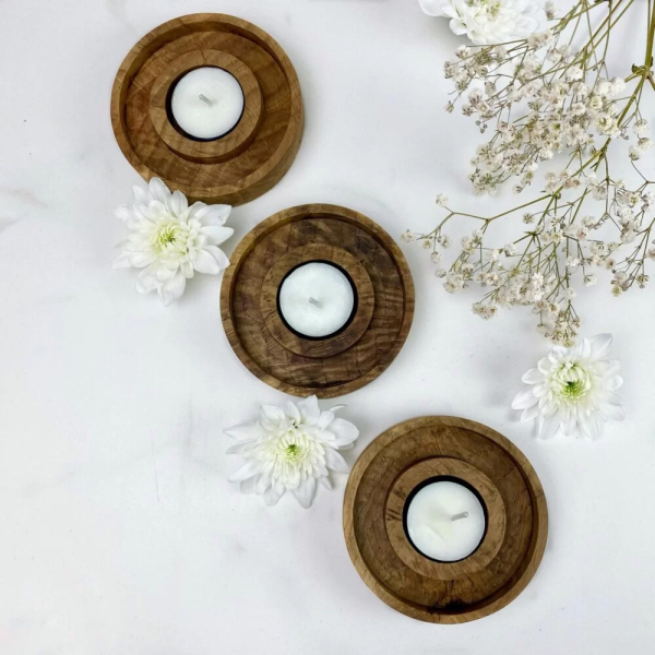 Three wooden tealight candle holders