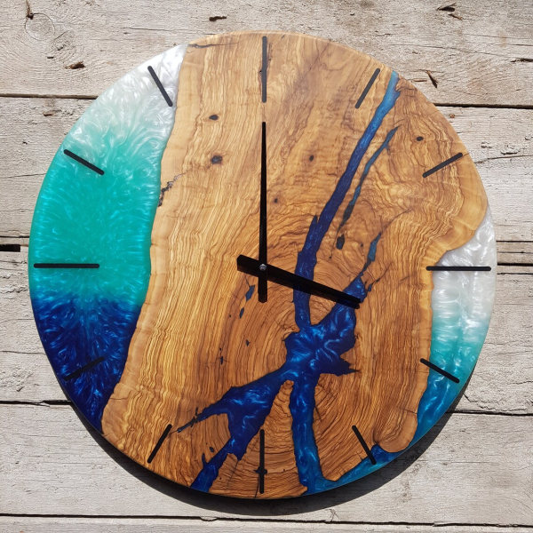 Resin & Olive Wood Wall Clock- Blue and White