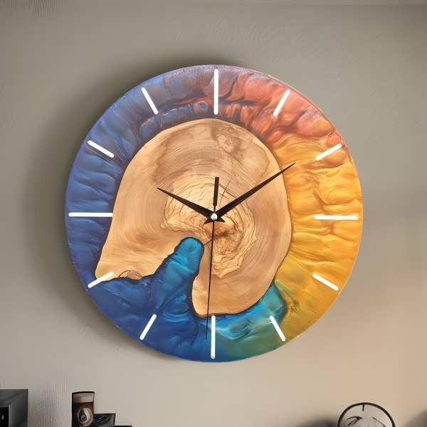 Resin & Olive Wood Wall Clock- Multi Color