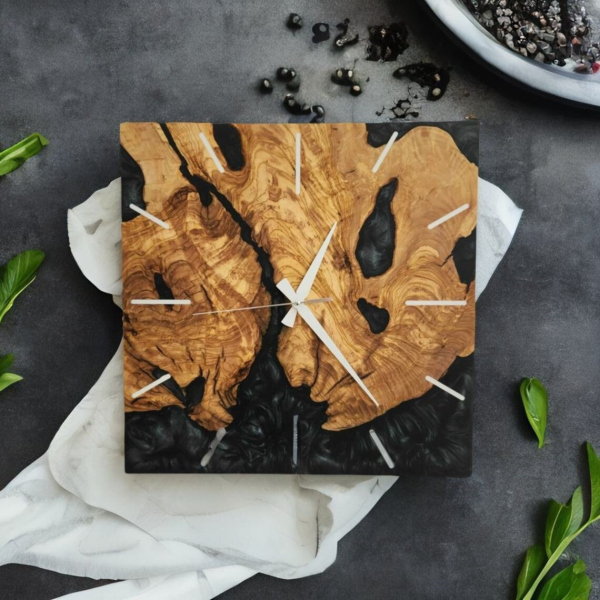 Resin & Olive Wood Wall Clock Square - Black