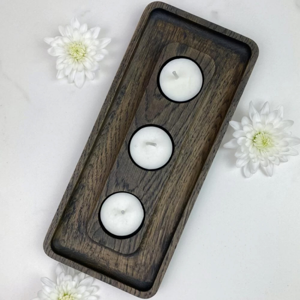 Wooden triple oak candle holder